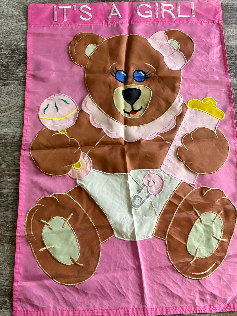 Pink "It's A Girl" Teddy Bear Banner - Baby Shower Decor Vintage House Flag